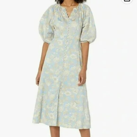 Rebecca Taylor Maxi Floral Print A-Line Scoop Neck Puff Short Sleeve Dress Sz L - Picture 2 of 15